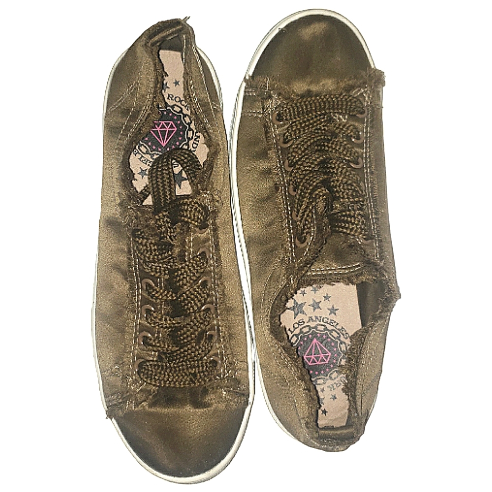 Rock & Candy Olive Green Fringe Fray Detail Silk Low Top Platform Sneakers 8